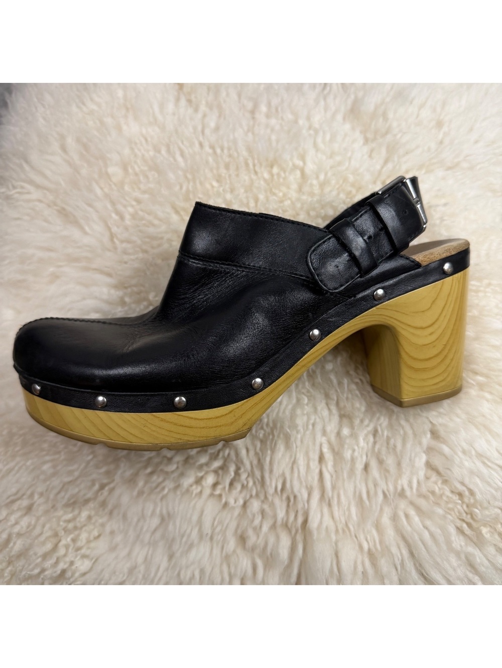 Clarks Artisan Black Leather Platform Clogs Slingback Studded Chunky Heel
